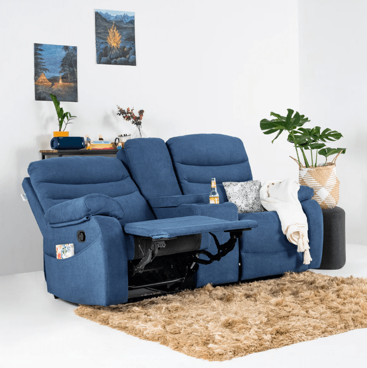 Vivo 2 Seater Manual Recliner with Console - Blue Finish