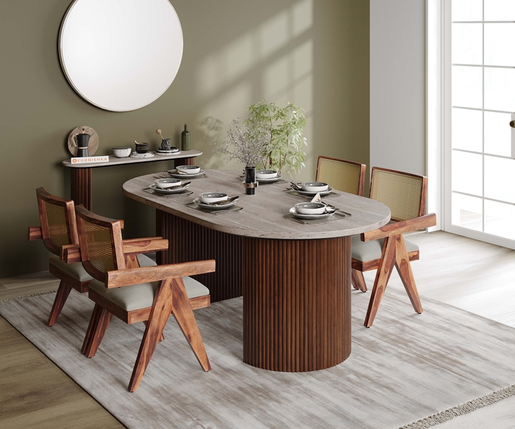 Swaarno Travertine Marble Top 6 Seater Dining Table In Dark Walnut Finish with 4 Serena Cane Sheesham Dining Chair Set