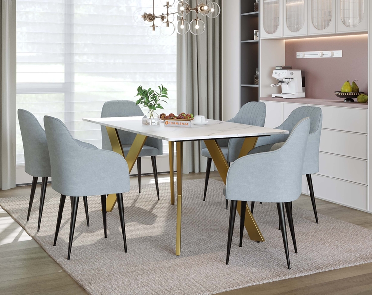 Aurum Marble Top 6 Seater Dining Table In Gold Finish and Harley Dining Chair Set