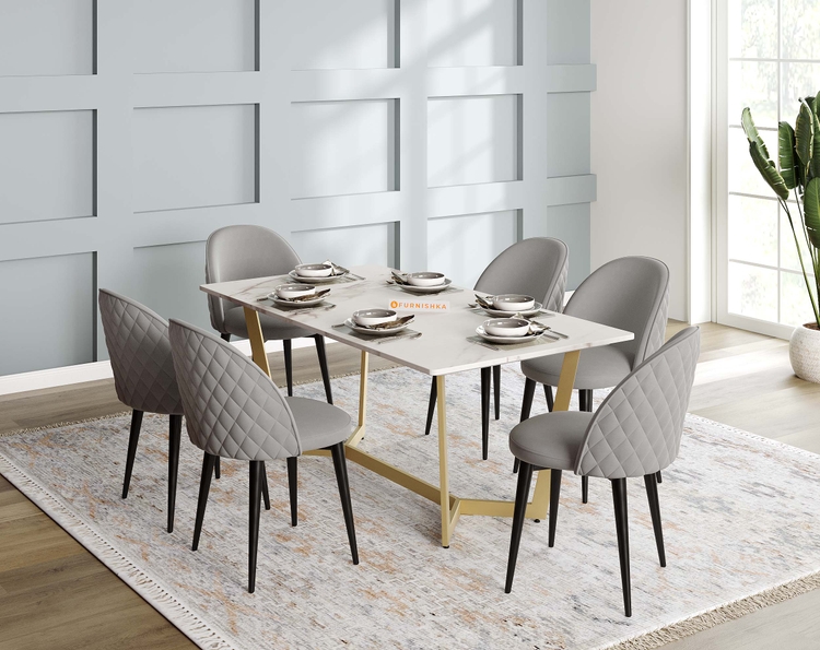 Aanvo Marble Top 6 Seater Dining Table In Gold Finish and Sage Dining Chair Set