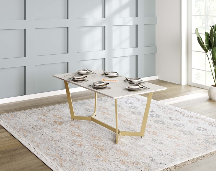 Aanvo Marble Top 6 Seater Dining Table In Gold Finish