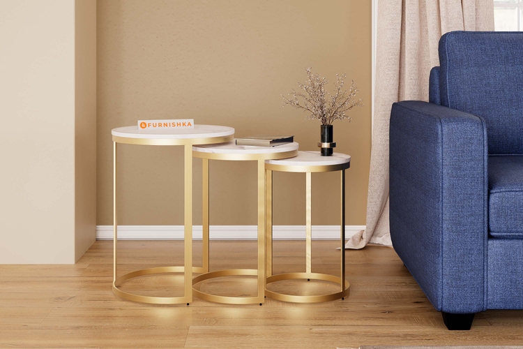 EthnoGlow Sagra Nesting Marble Side Table Set of 3 In Gold Finish