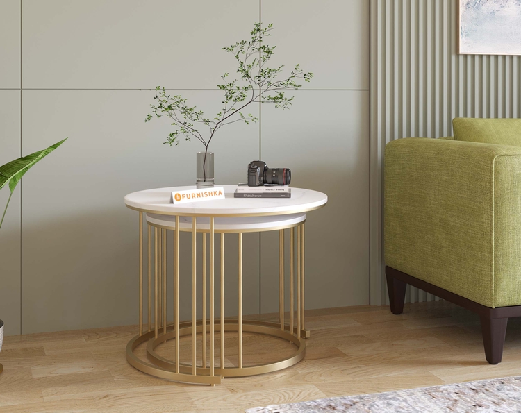 EthnoGlow Yular Real Marble Metal Nesting Table In Gold Finish
