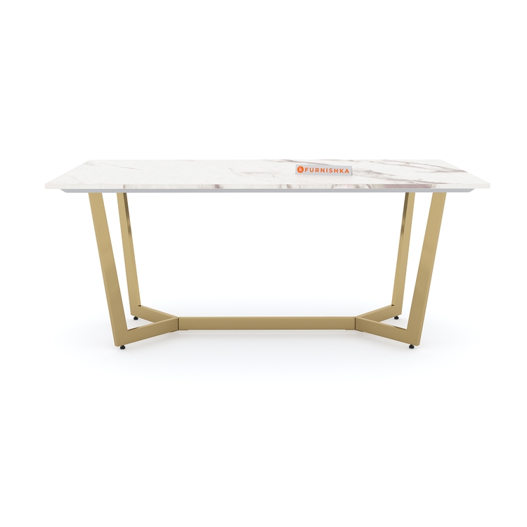 EthnoGlow Aanvo White Marble Dining Table 6 Seater In Gold Finish