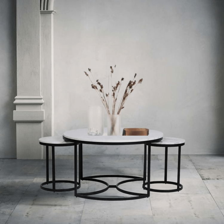 EthnoGlow Keya Nesting Marble Side Table Set of 3 in Black Finish