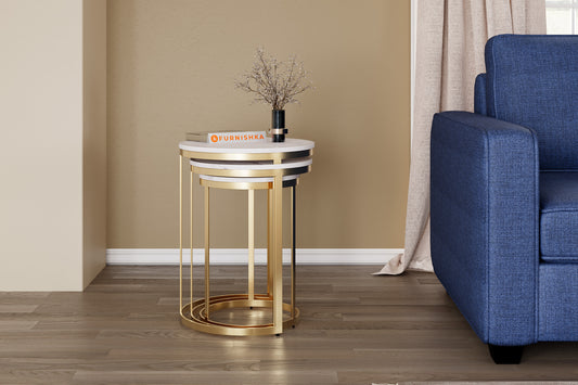 EthnoGlow Sagra Nesting Marble Side Table Set of 3 In Gold Finish