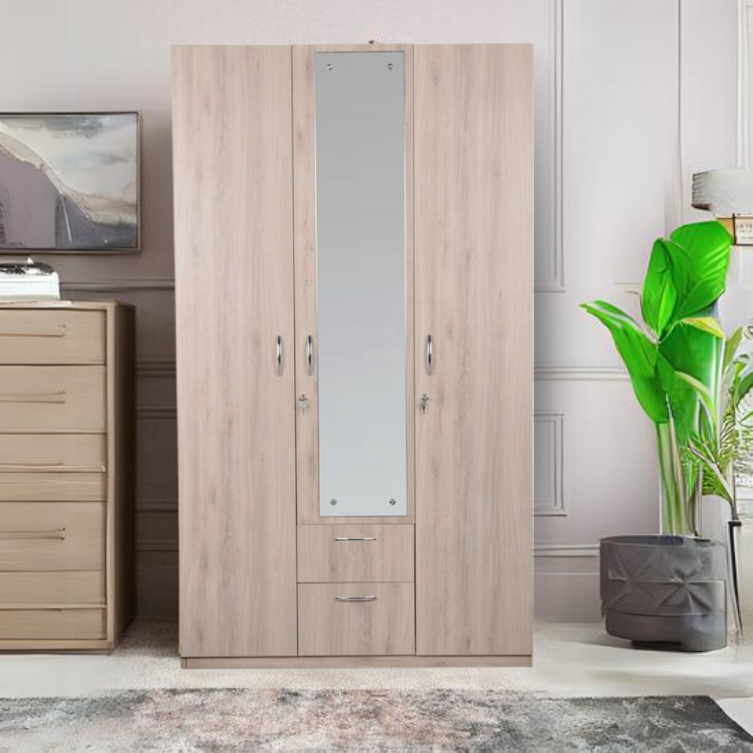 Aasaro 3 Door Wardrobe with Mirror - Oak Finish