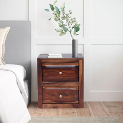 Ansho Sheesham Bedside Table with Double Drawer