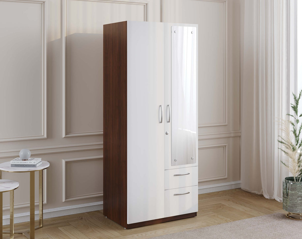 Markon 2 Door Wardrobe with Mirror - White & Walnut Finish