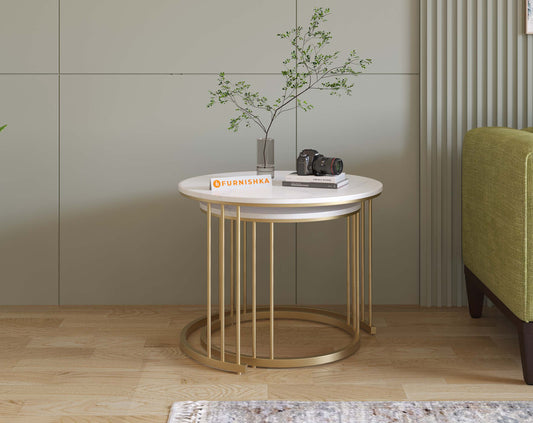 EthnoGlow Yular Real Marble Metal Nesting Table In Gold Finish