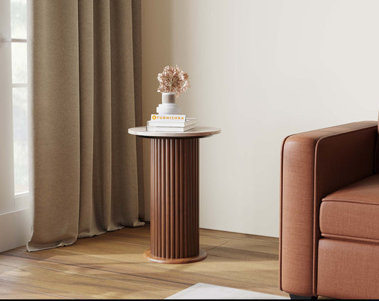 Swaarno Travertine Marble Top Side Table In Dark Walnut Finish