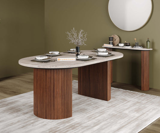 Swaarno Travertine Marble Top 6 Seater Dining Table In Dark Walnut Finish