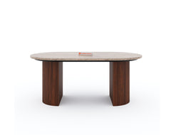 Swaarno Travertine Marble Top 6 Seater Dining Table In Dark Walnut Finish