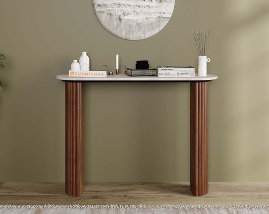 Swaarno Travertine Marble Top Console Table in Dark Walnut Finish