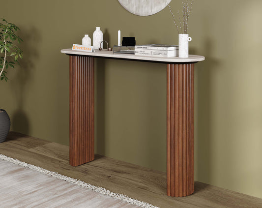 Swaarno Travertine Marble Top Console Table in Dark Walnut Finish