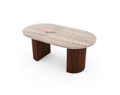 Swaarno Travertine Marble Top Coffee Table In Dark Walnut Finish