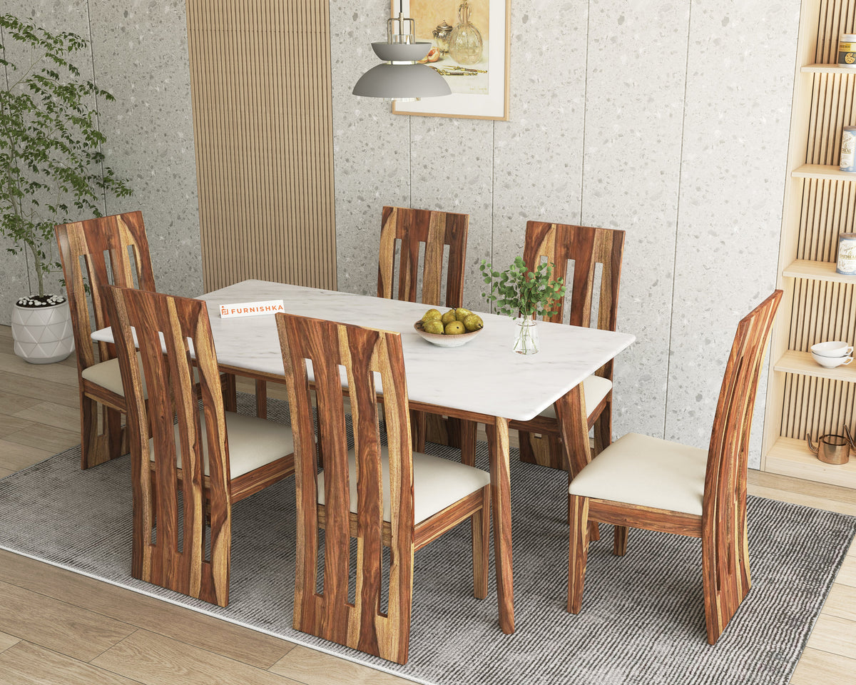 Vedha 6 Seater Indian Marble Top Dining Table with Sheesham Wood Legs