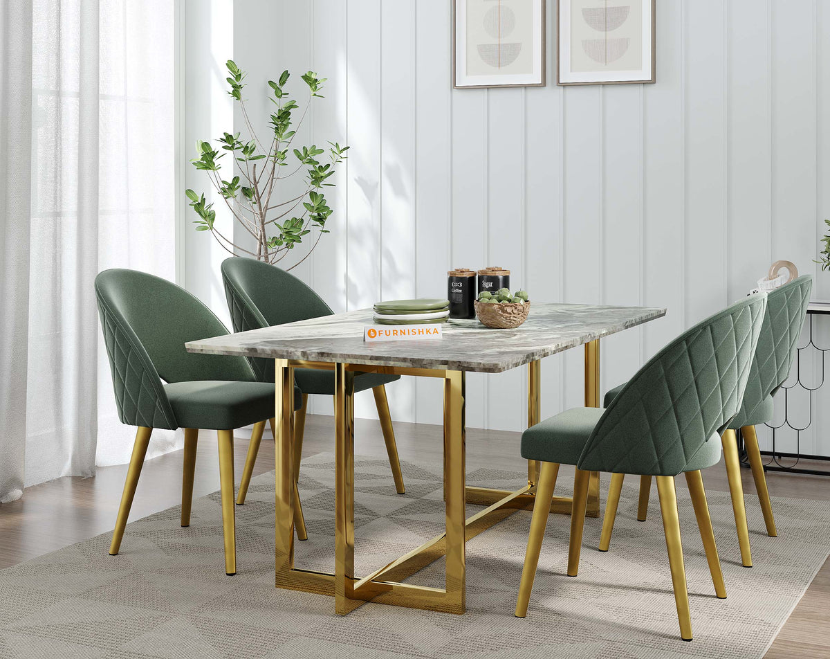 Rodano 4 Seater Green Choco Marble Top Dining Set with customizable Leo Dining Chair (Table Legs - PVD coated SS Steel)