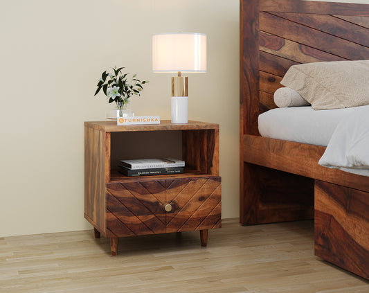 Chevora Lower Drawer Bedside Table In Sheesham - Yoho