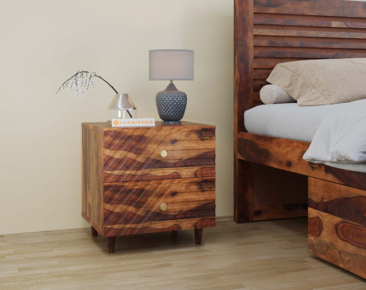 Stella Double Drawer Bedside Table In Sheesham