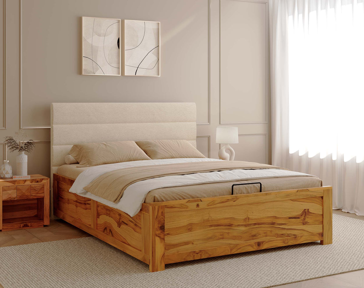 Niva Teak Bed Frame Hydraulic Storage - Queen Size