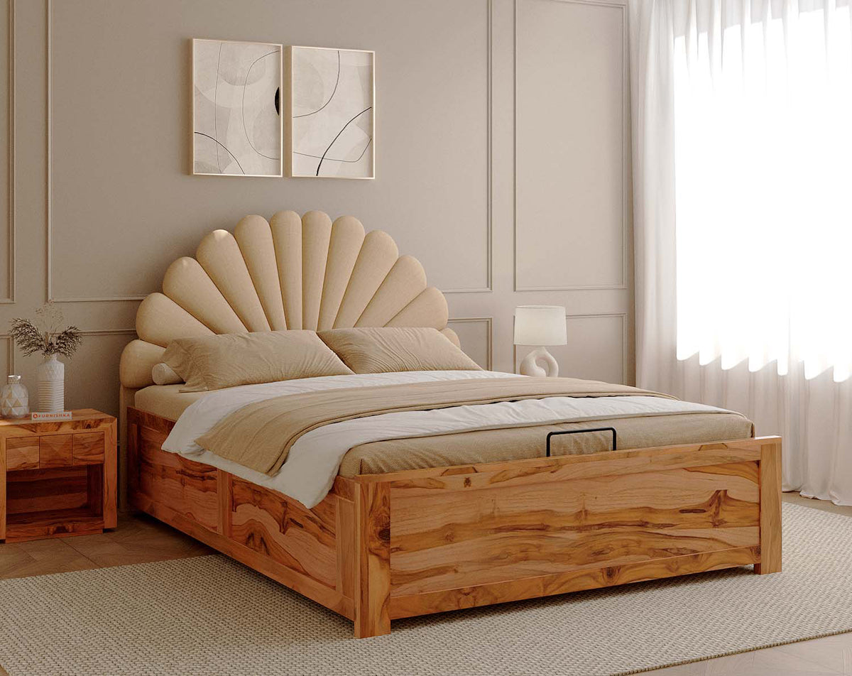 Satin Teak Bed Frame Hydraulic Storage - Queen Size