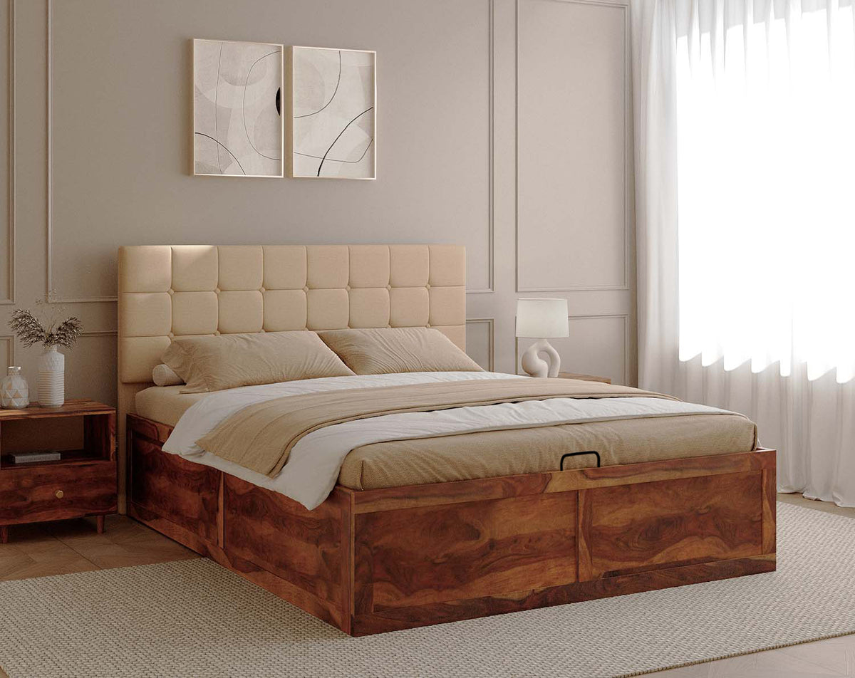 Irene Sheesham Bed Frame Hydraulic Storage - Queen Size