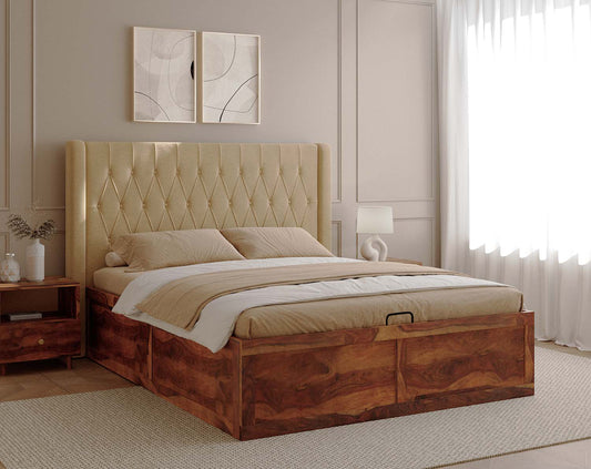 Samawi Sheesham Bed Frame Hydraulic Storage - Queen Size