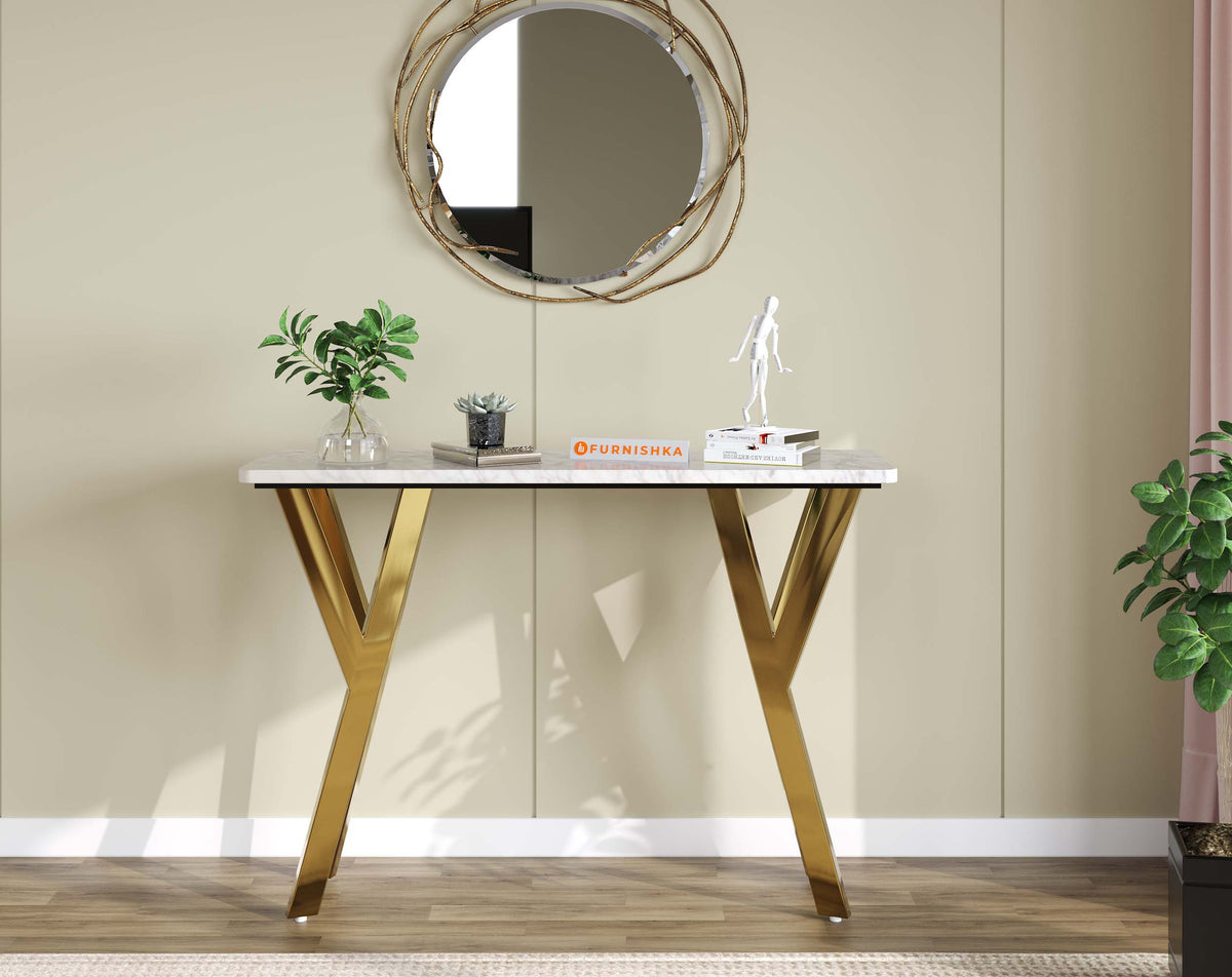 Aurum Marble Top Console Table in Gold Finish