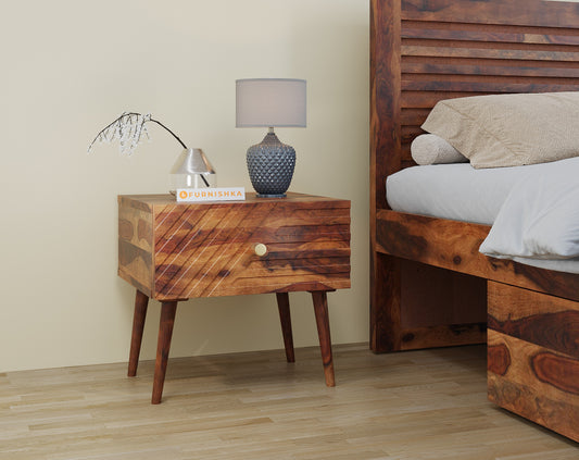 Zoji Bedside Table with Single Drawer Storage in Sheesham with Drawer Facia Stella in Sheesham