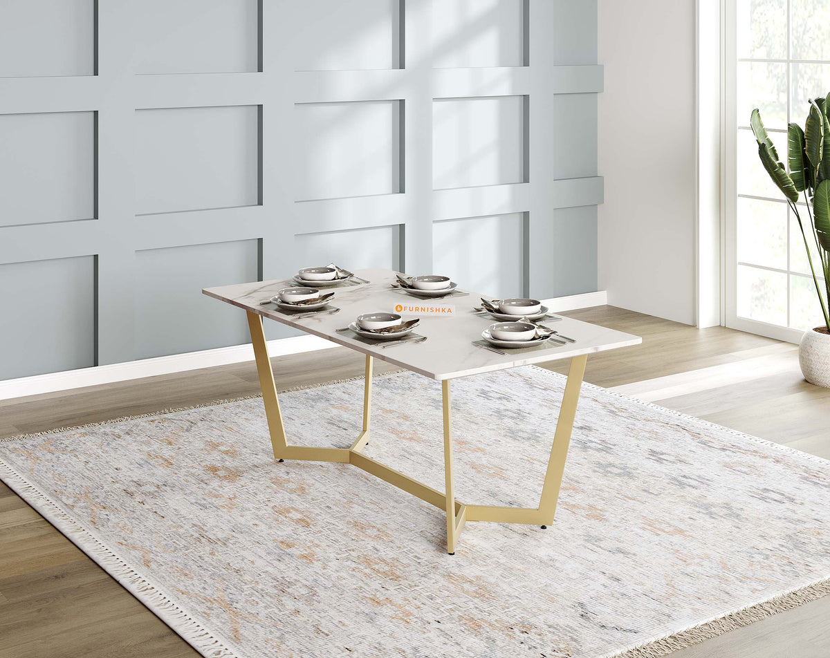 Aanvo Marble Top 4 Seater Dining Table In Gold Finish