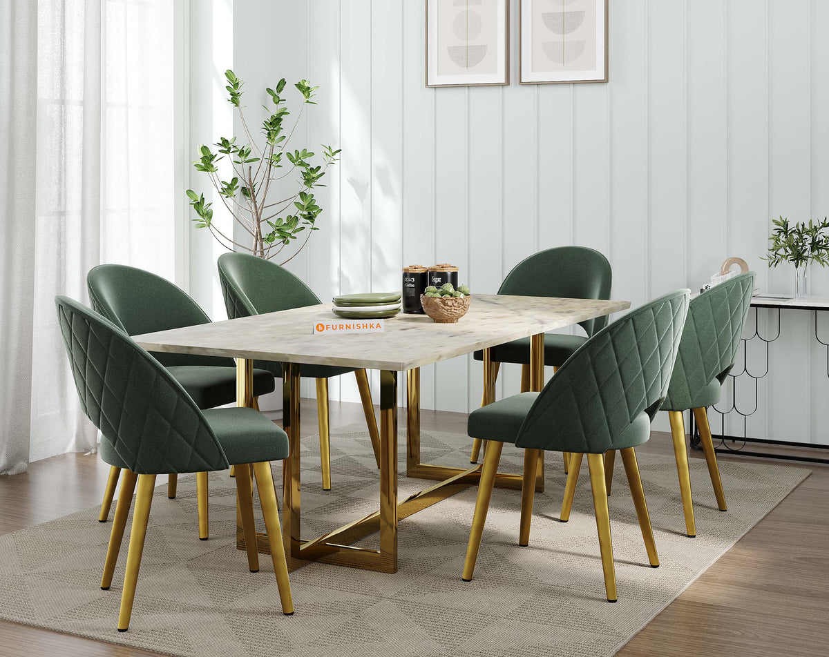 Rodano 6 Seater Australian Onyx Marble Top Dining Set with customizable Leo Dining Chair (Table Legs - PVD coated SS Steel)