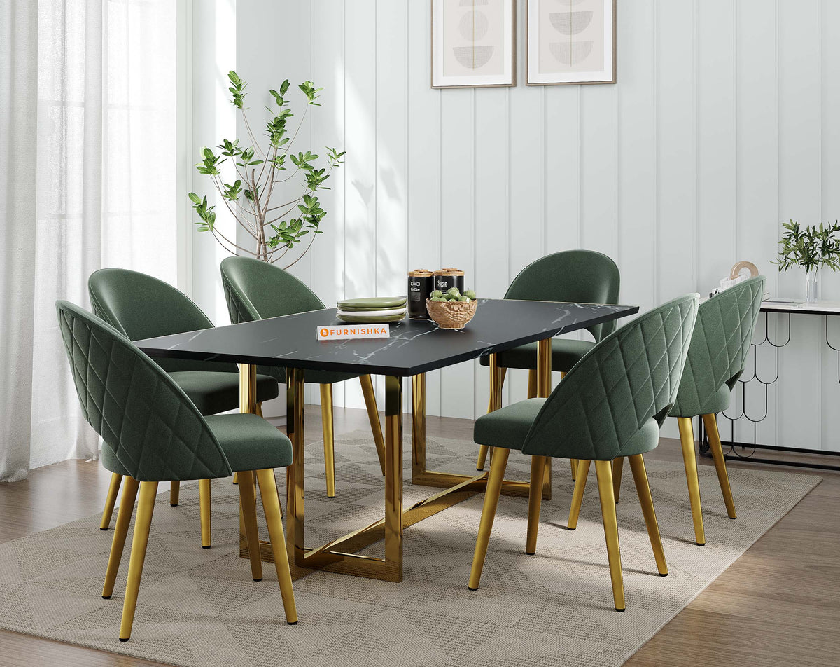 Rodano 6 Seater Black Engineered Marble Top Dining Set with customizable Leo Dining Chair (Table Legs - PVD coated SS Steel)