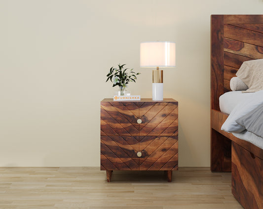 Chevora Yoho Double Drawer Bedside Table In Sheesham