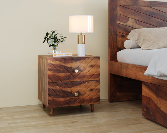 Chevora Yoho Double Drawer Bedside Table In Sheesham