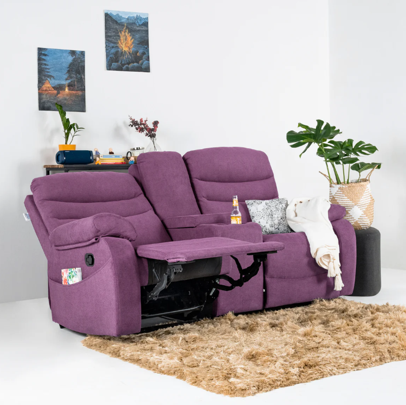 Vivo 2 Seater Purple Manual Recliner with Console