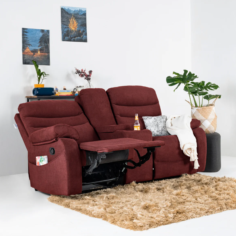 Vivo 2 Seater Maroon Manual Recliner with Console