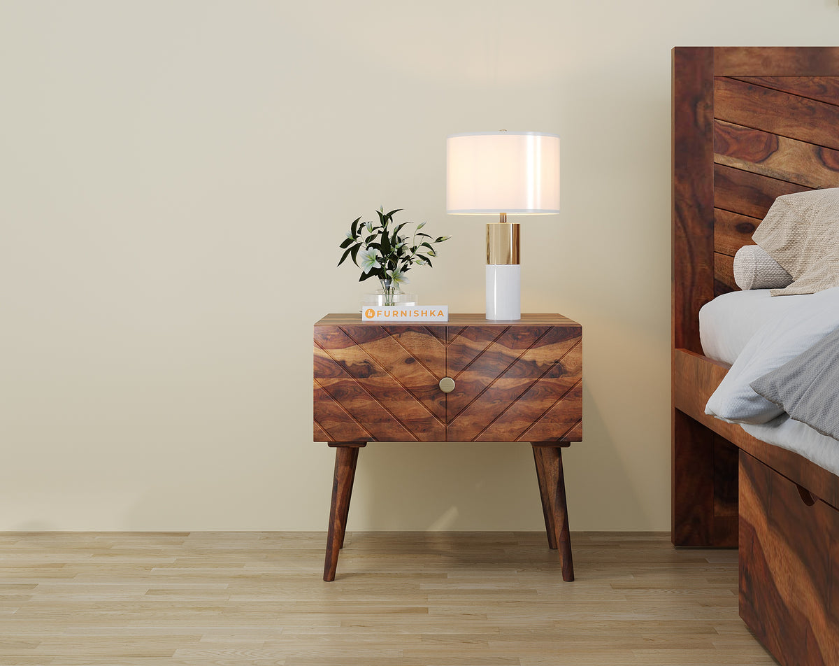 Zoji Single Drawer Bedside Table In Sheesham - Chevora Facia