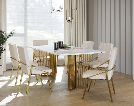 Barolo Dining Table with White Engineered Marble Top - 6 Seater