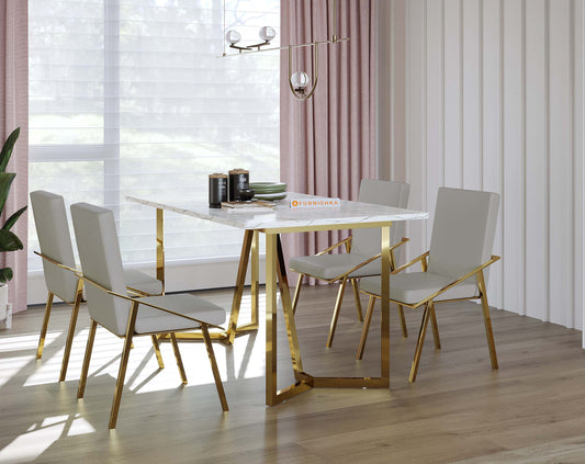 Olzaa Dining Table with White Engineered Marble Top - 4 Seater